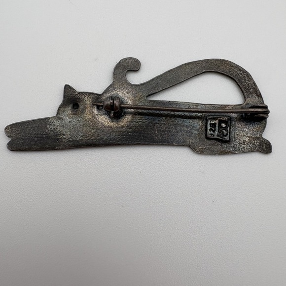 Vintage Sterling Silver 925 Stretching Cat Brooch Pin Figural Animal Signed - Picture 2 of 7